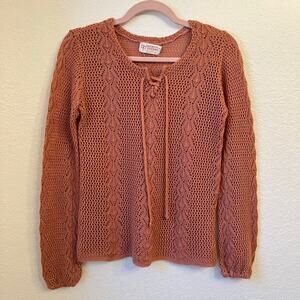 Vintage 80s Beldoch Popper Sweater Small Open Knit Lace Up Salmon Pink Boho